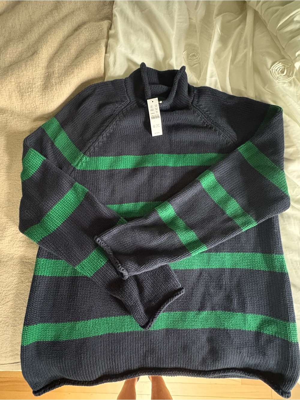 J. Crew Navy and Green Striped Crewneck Sweater
